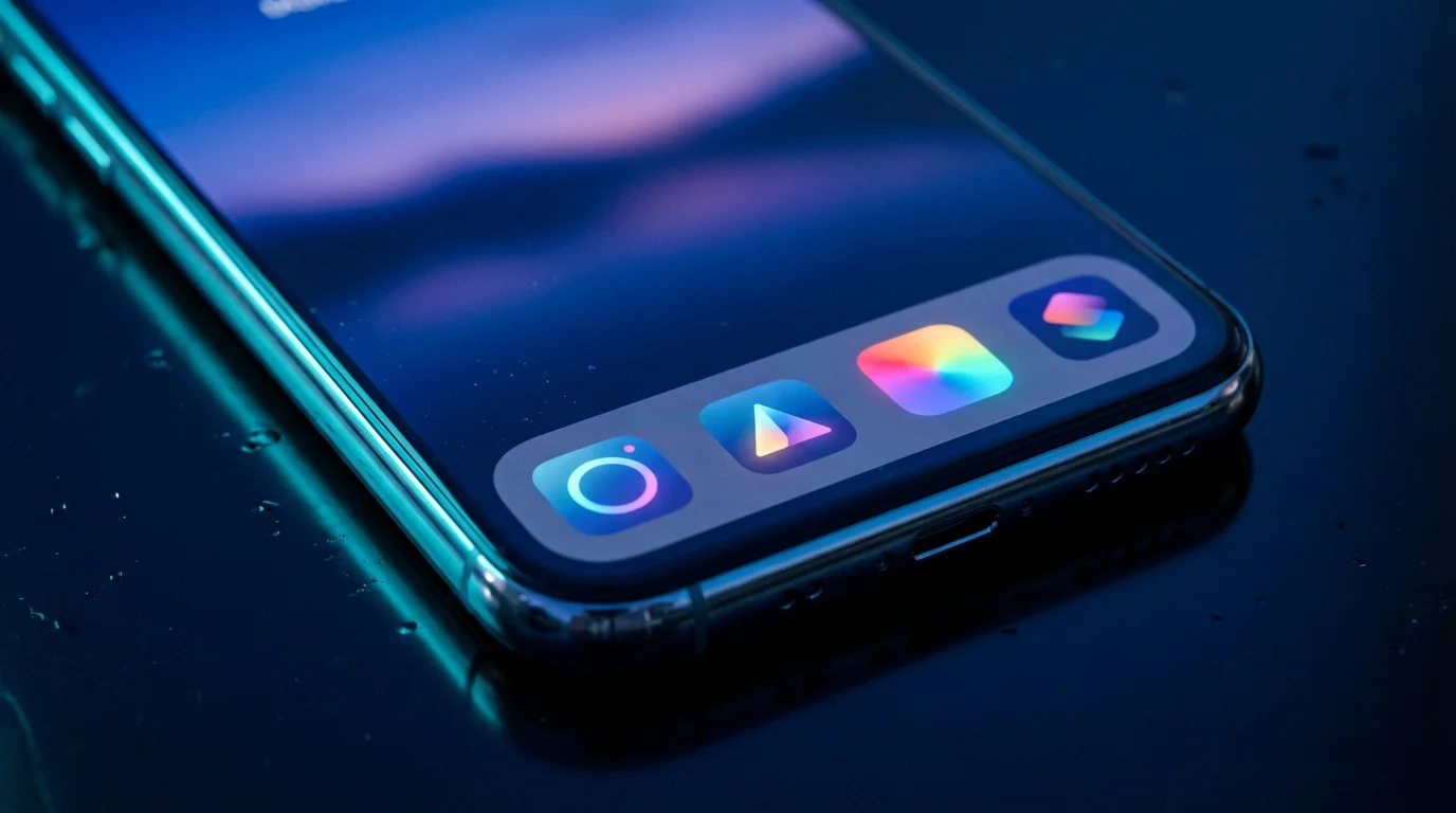 Macro photography of smartphone dock icons glowing in cool blue evening light.