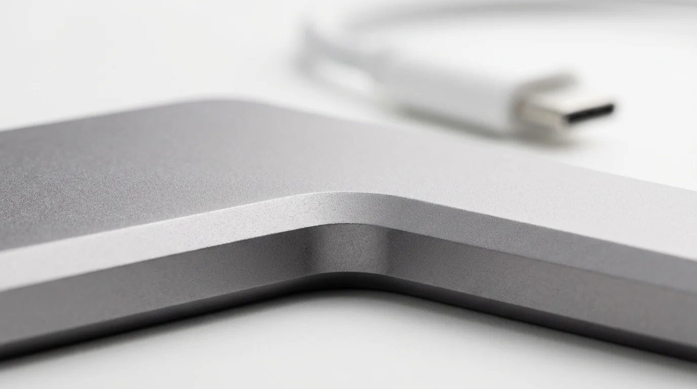 Macro shot of a brushed aluminum external hard drive texture on a white desk.