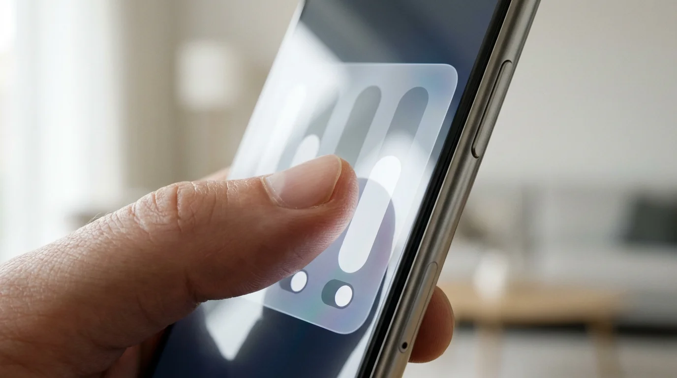 Macro shot of a finger adjusting a setting slider on a smartphone control panel.