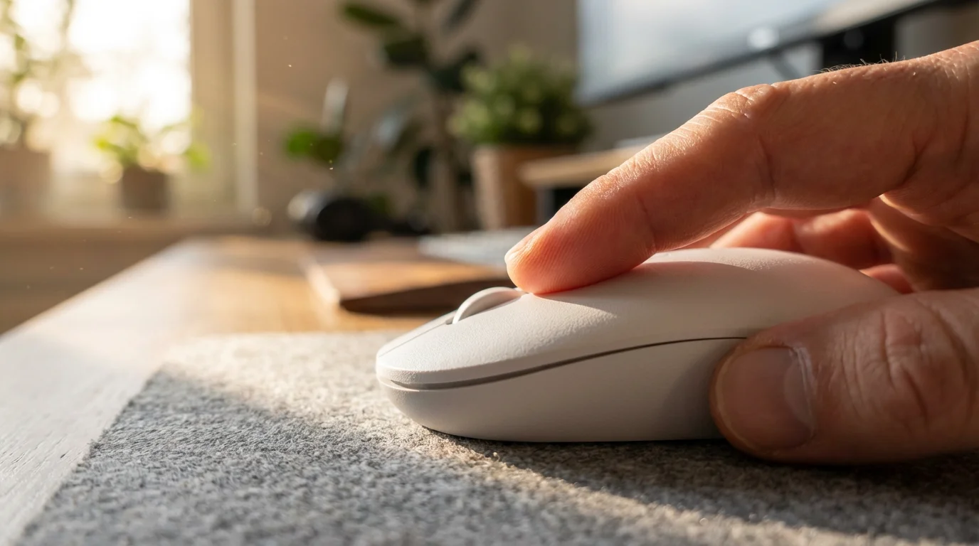 Macro shot of a finger clicking a computer mouse button in soft lighting.