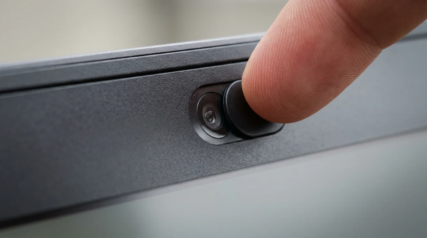 Macro shot of a finger closing a sliding privacy cover on a laptop webcam.