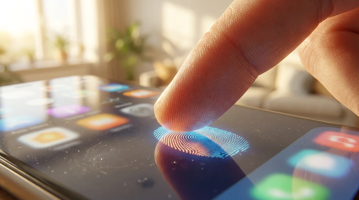 Macro shot of a finger dragging an abstract app icon on a phone screen.