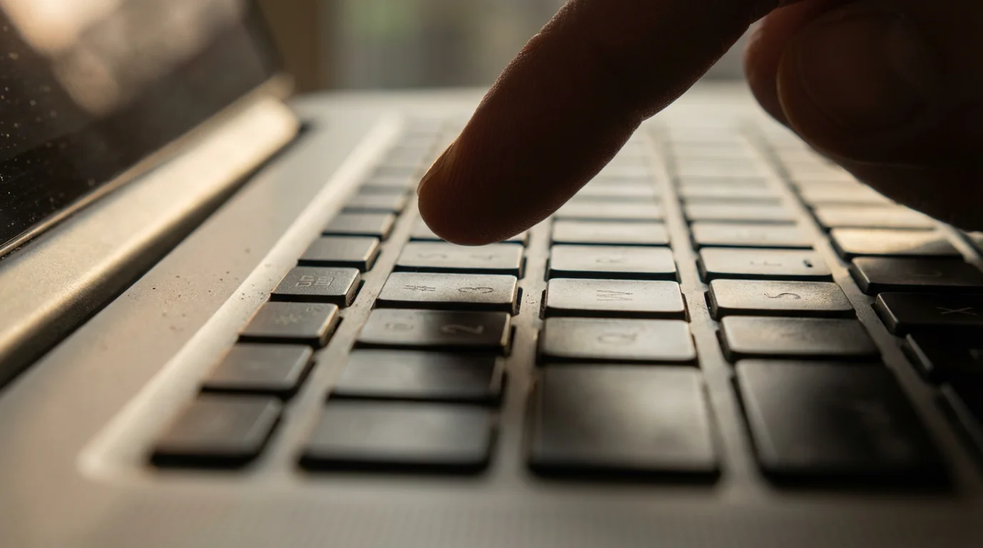 Macro shot of a finger hovering over a silver laptop keyboard in dramatic lighting.