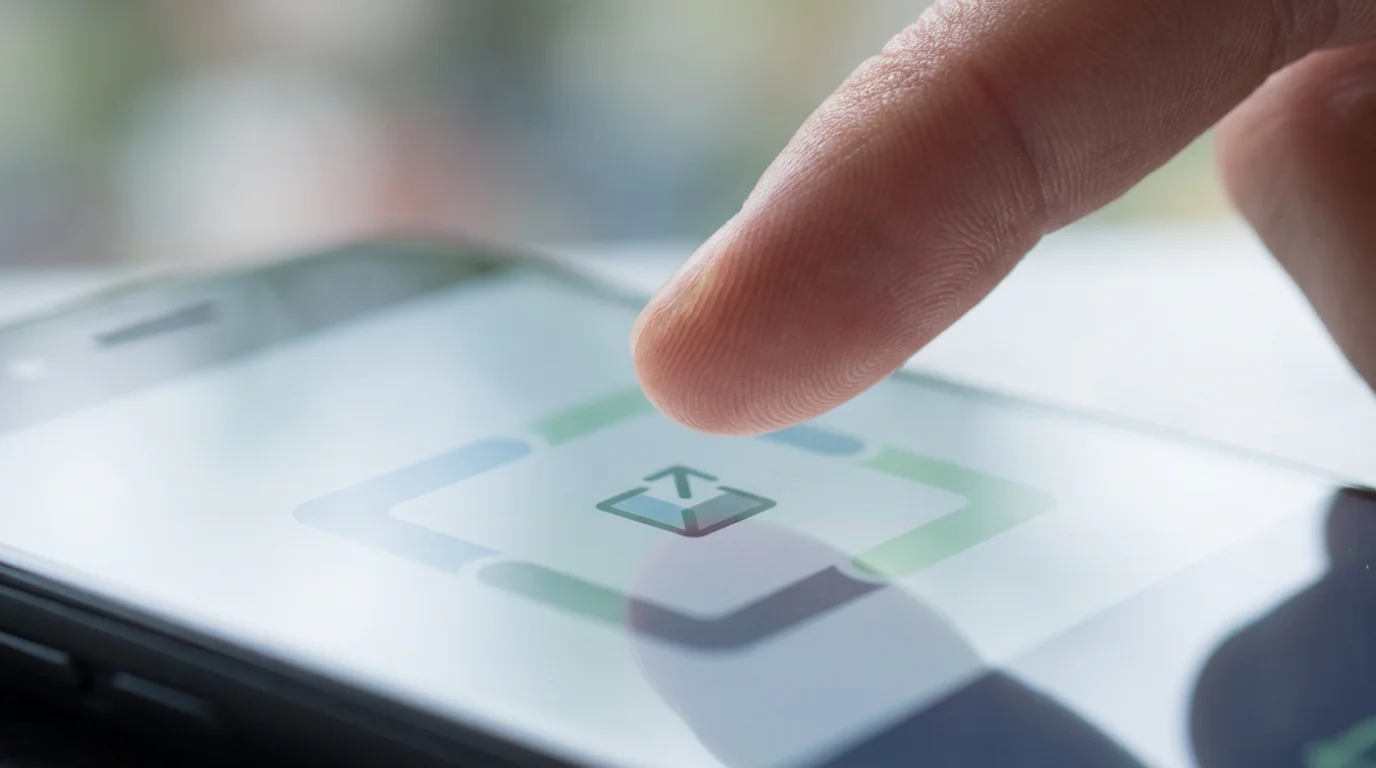 Macro shot of a finger tapping the abstract share icon on a smartphone screen.