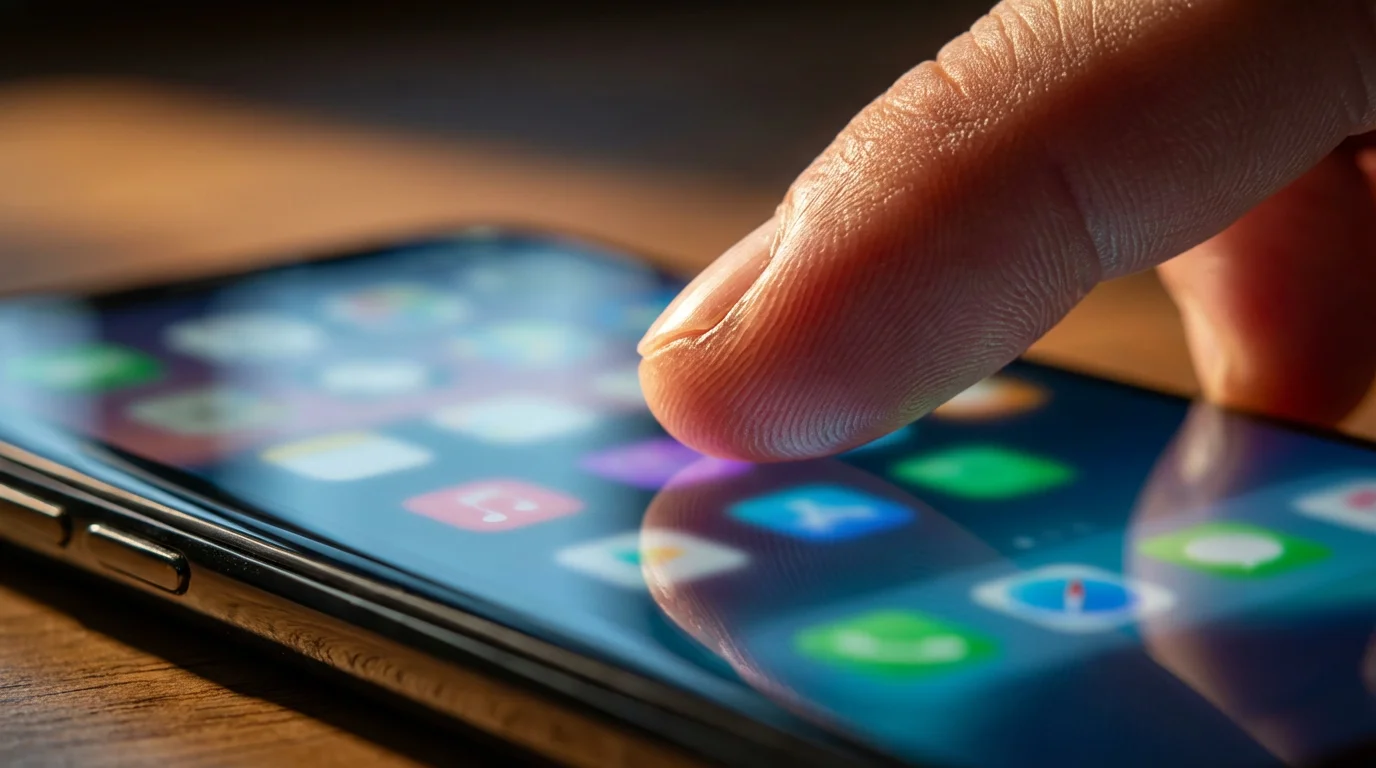 Macro shot of a finger touching a smartphone screen in dramatic afternoon light.