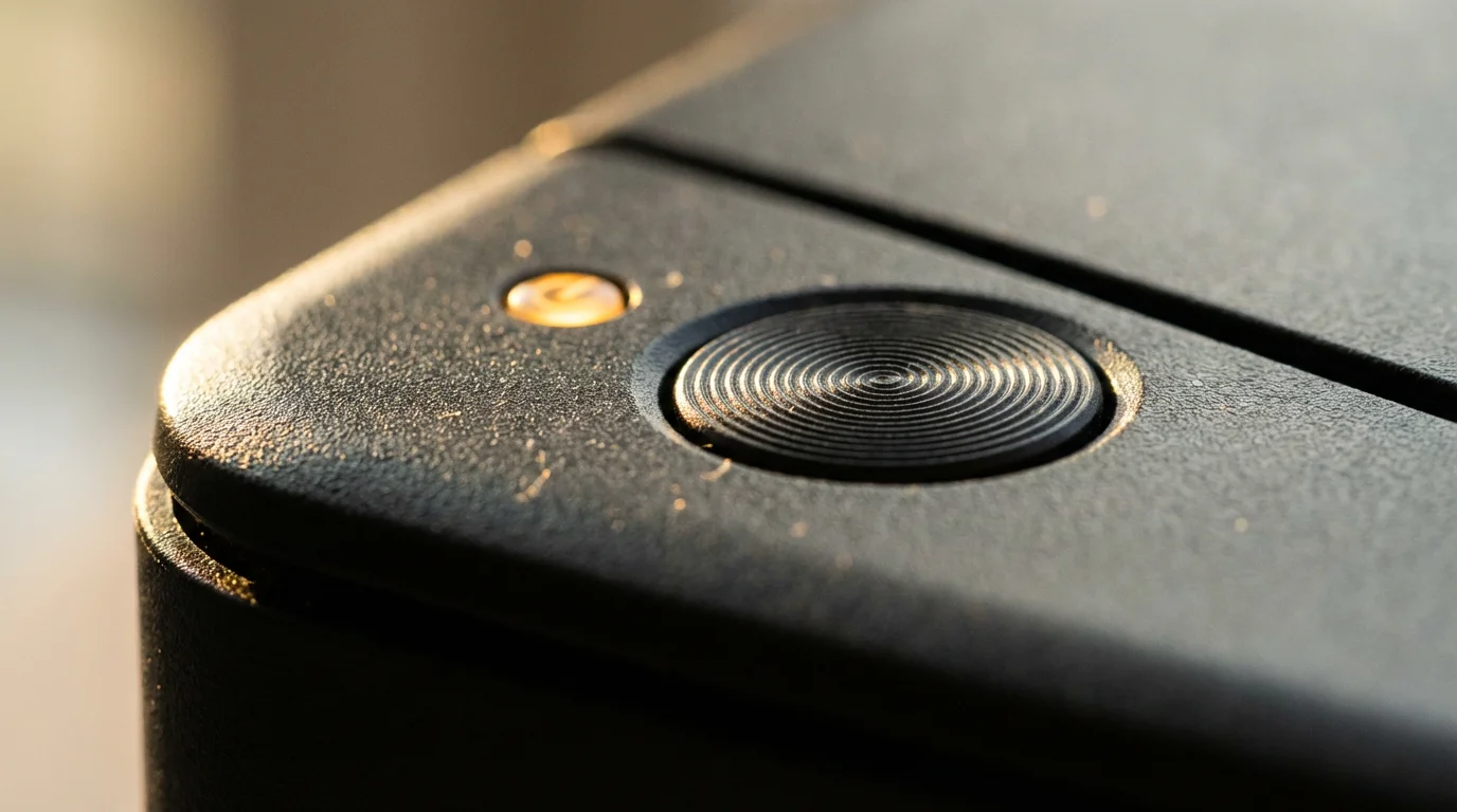 Macro shot of a printer power button glowing amber in warm golden hour lighting.