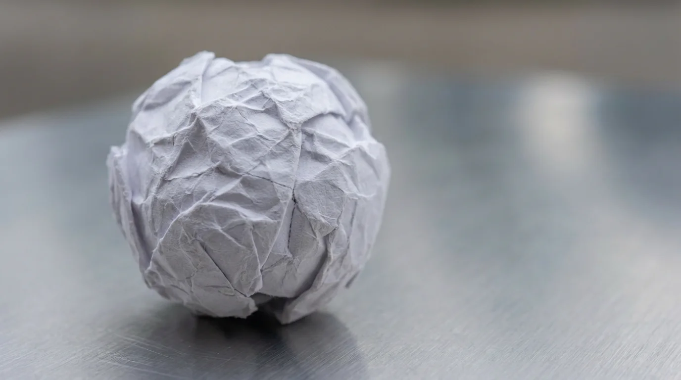 Macro shot of crumpled paper on metal surface representing digital trash