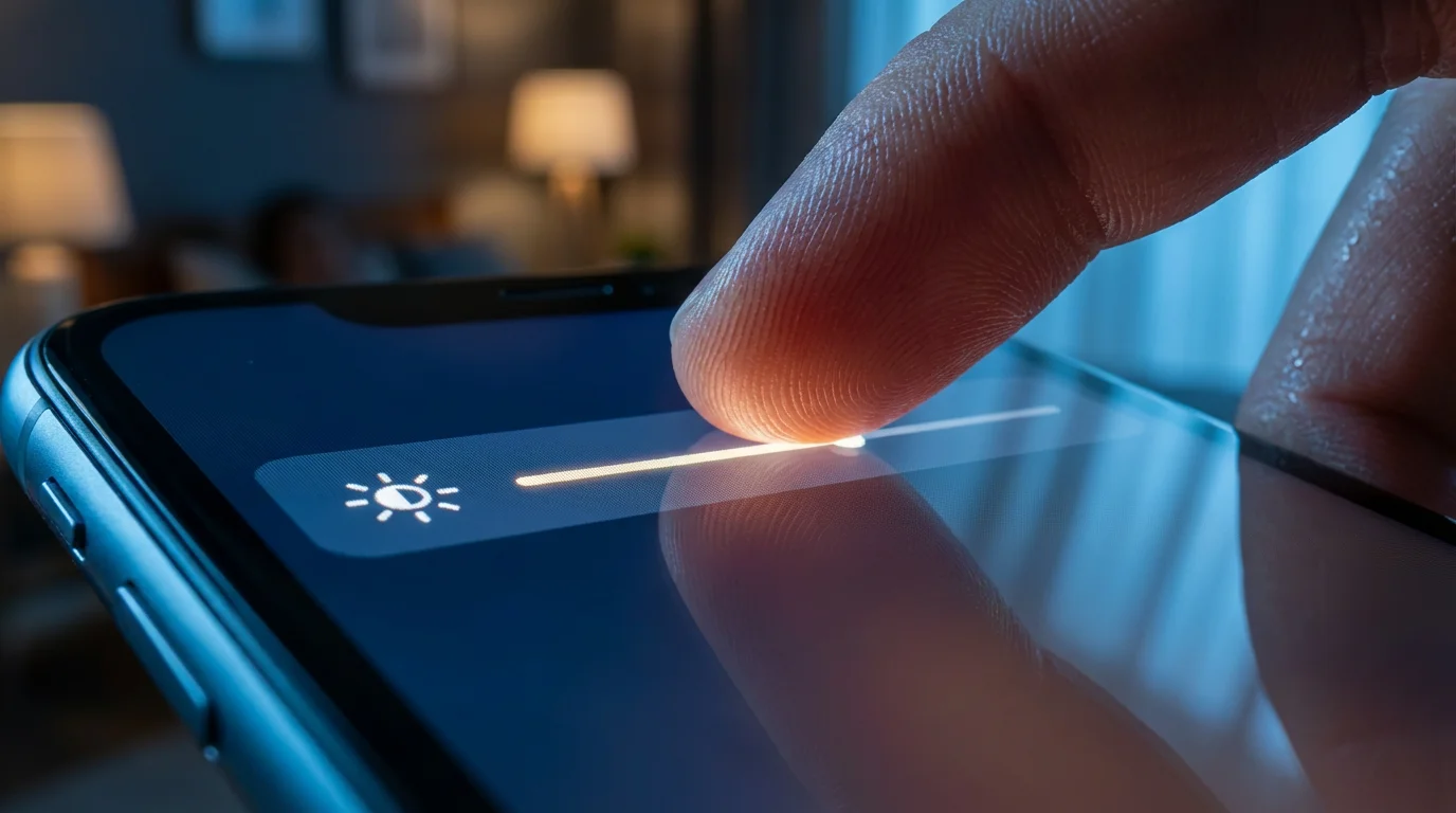 Macro shot of finger adjusting horizontal brightness slider on smartphone screen in low light.