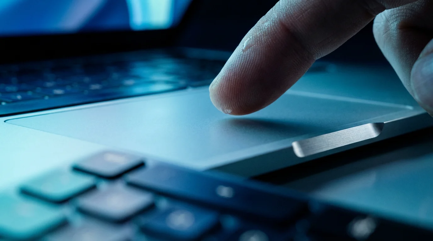 Macro shot of finger over laptop trackpad in cool blue evening lighting.