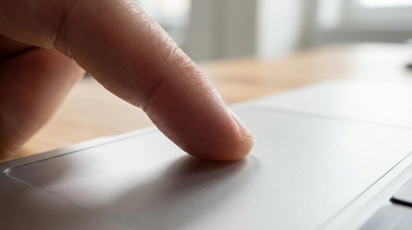 Macro shot of finger pressing laptop trackpad in natural light.