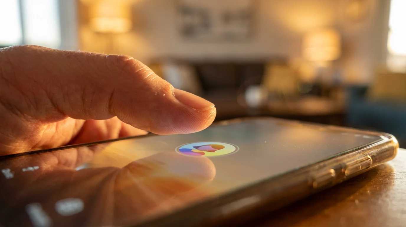 Macro shot of finger tapping smartphone screen during golden hour.