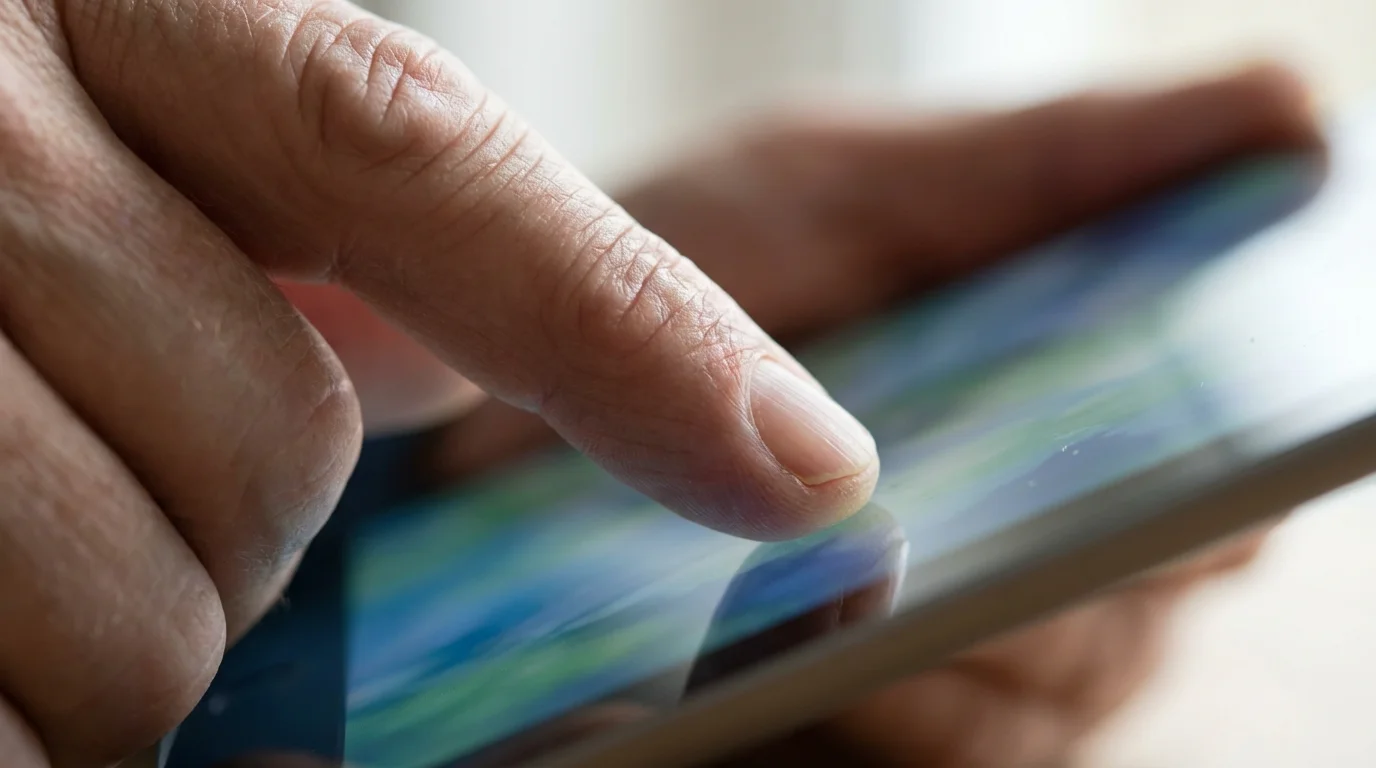 Macro shot of senior citizen's finger tapping a tablet screen for video calling.