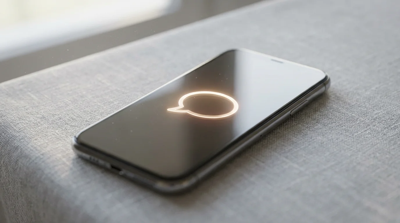 Macro shot of smartphone on linen table showing abstract text message notification.