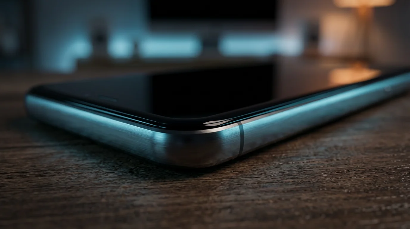 Macro side view of a modern smartphone resting on a table in cool evening light.