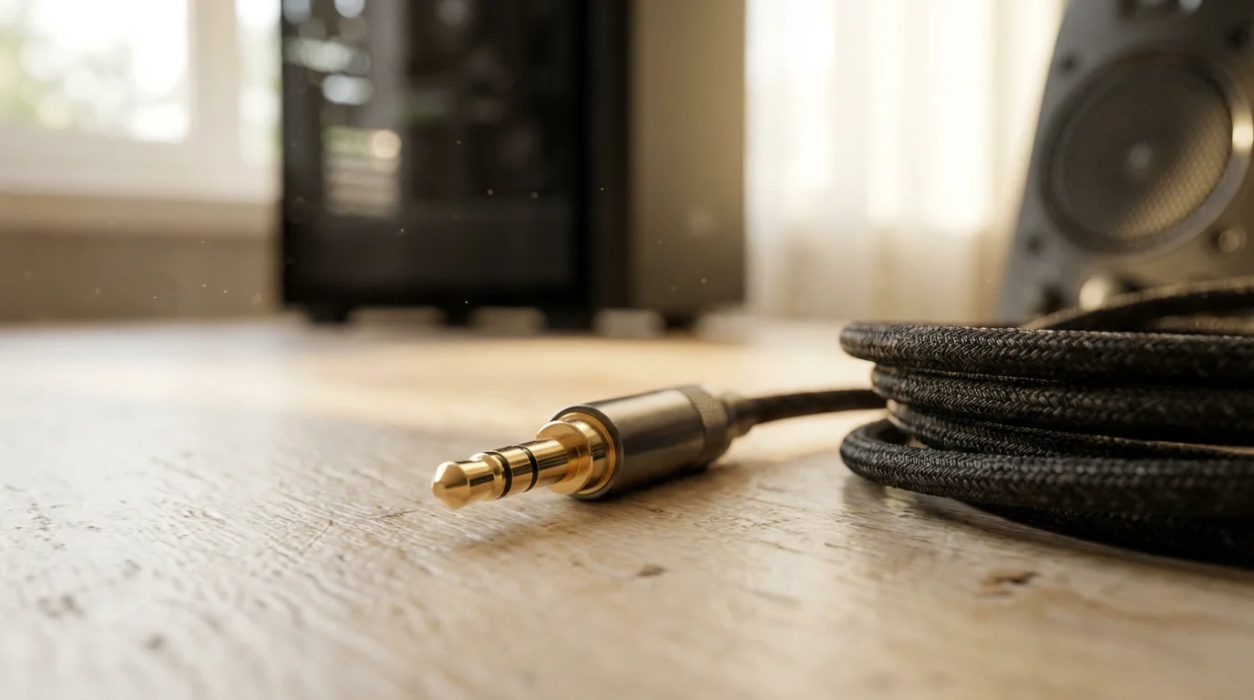 Macro view of a 3.5mm audio cable connector on a wooden desk