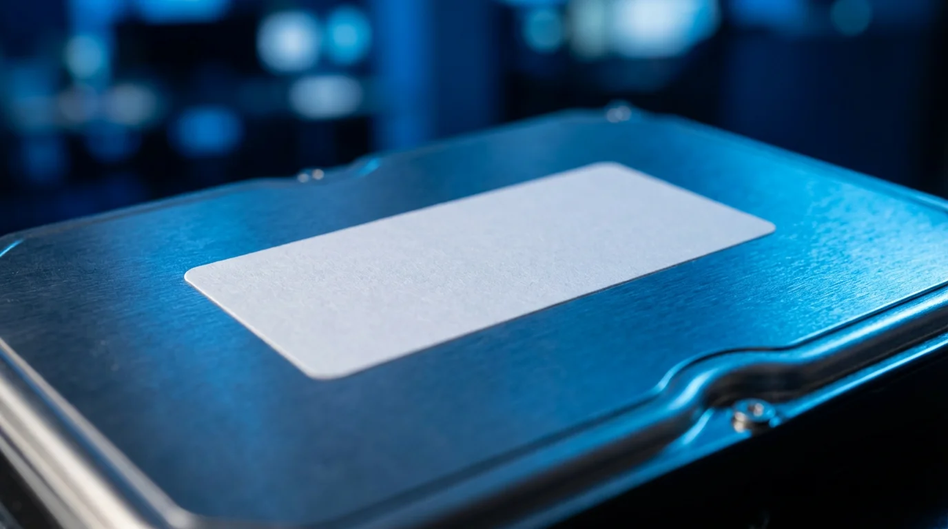 Macro view of a blank label on a sleek metal hard drive under blue lighting