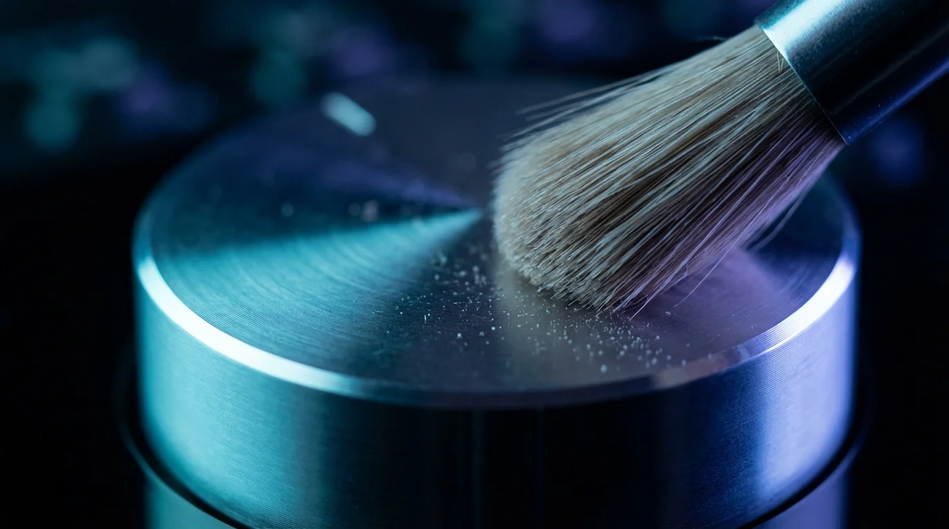 Macro view of a cleaning brush dusting a metal volume dial under blue light.