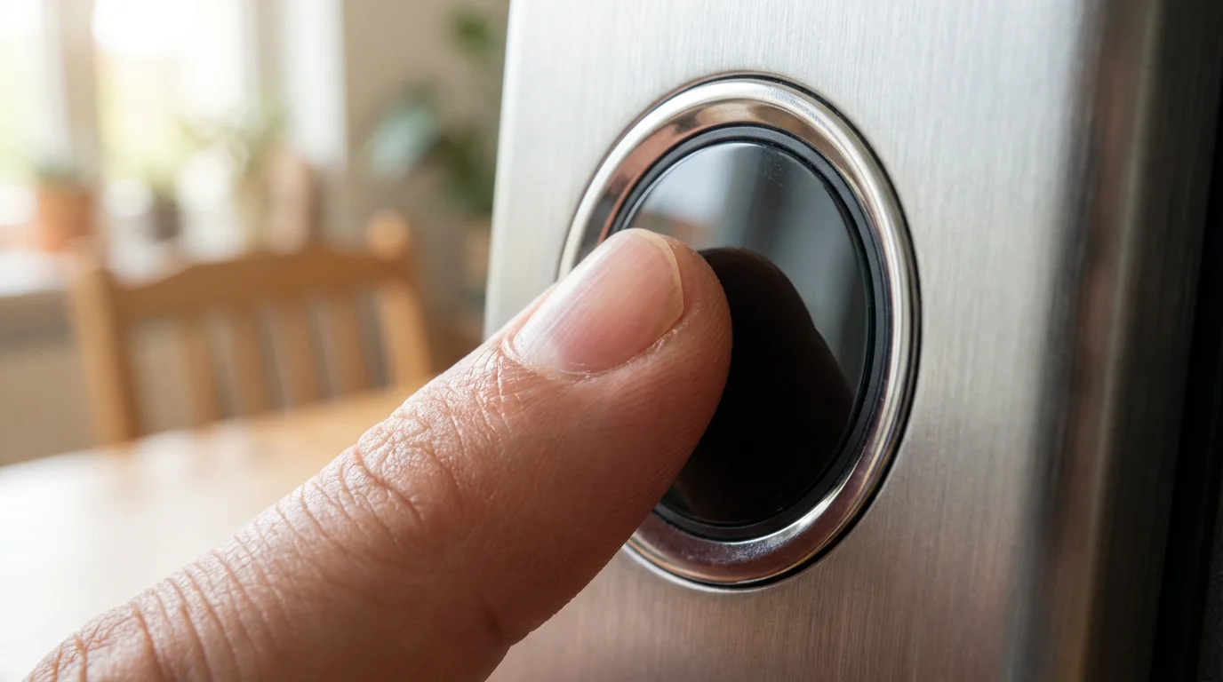 Macro view of a finger scanning a fingerprint sensor for two-factor authentication security.