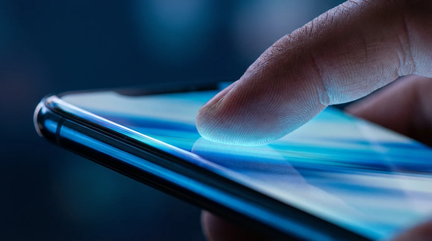Macro view of a finger scrolling on a smartphone screen illuminated by cool blue evening light.