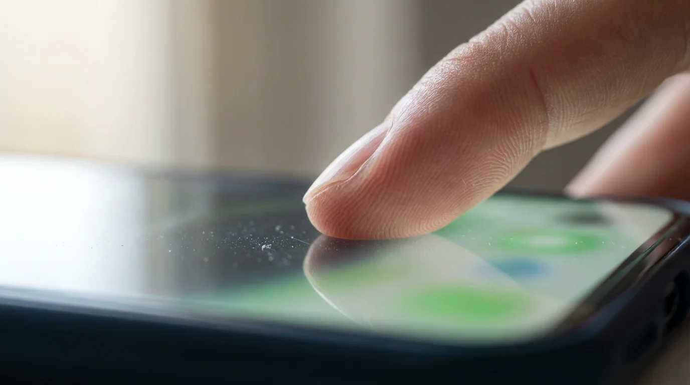 Macro view of a finger tapping a smartphone screen to save a contact.