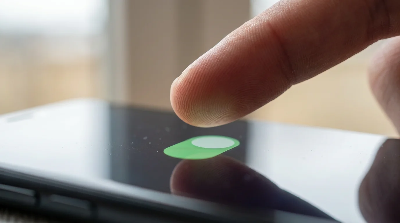 Macro view of a finger toggling a digital privacy switch on a smartphone.