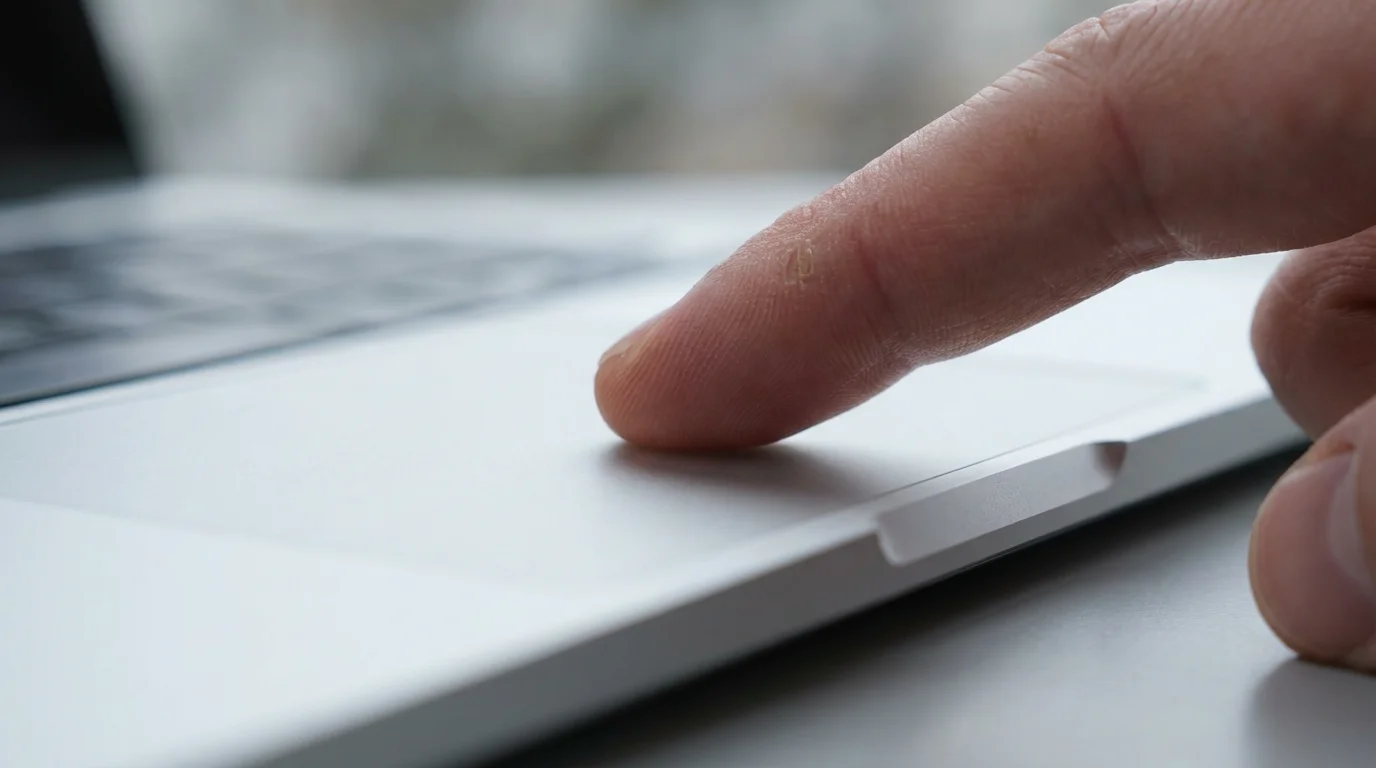 Macro view of a finger using a laptop trackpad to launch apps.