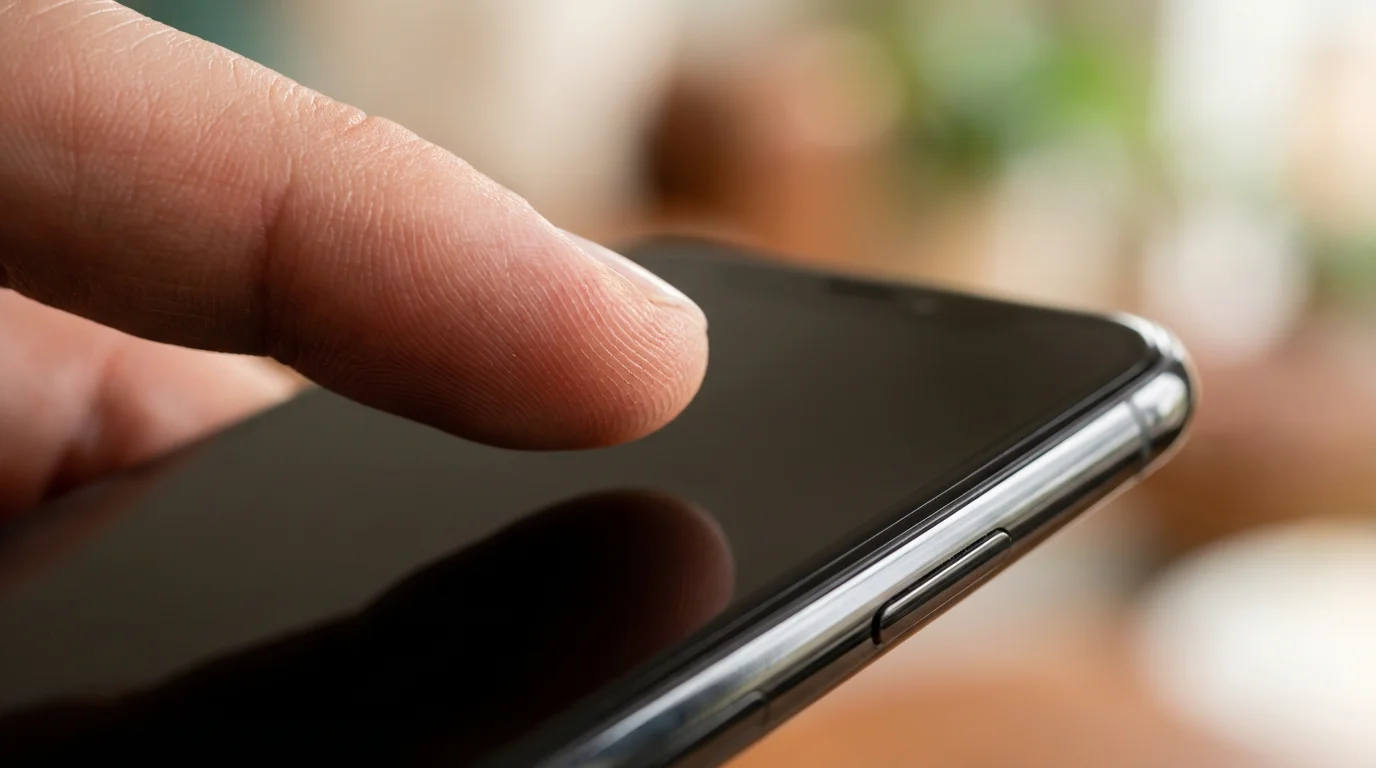 Macro view of a thumb hovering over a smartphone screen to approve settings.