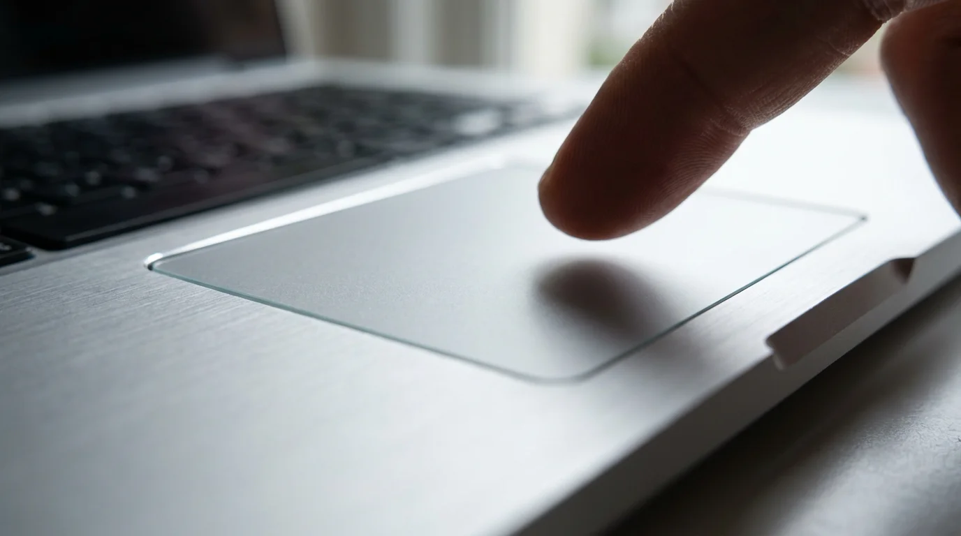 Macro view of finger over silver laptop trackpad with blurred background keys.