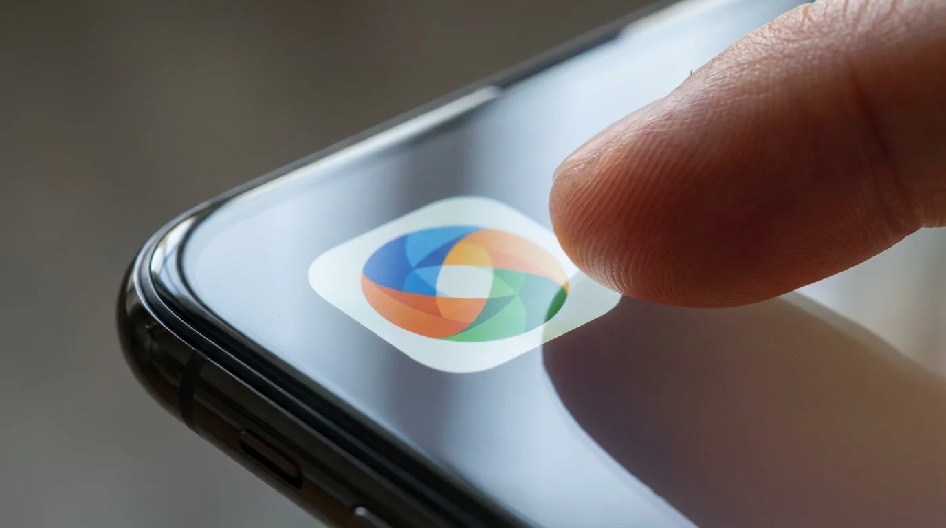 Macro view of finger tapping colorful abstract app icon on smartphone screen.