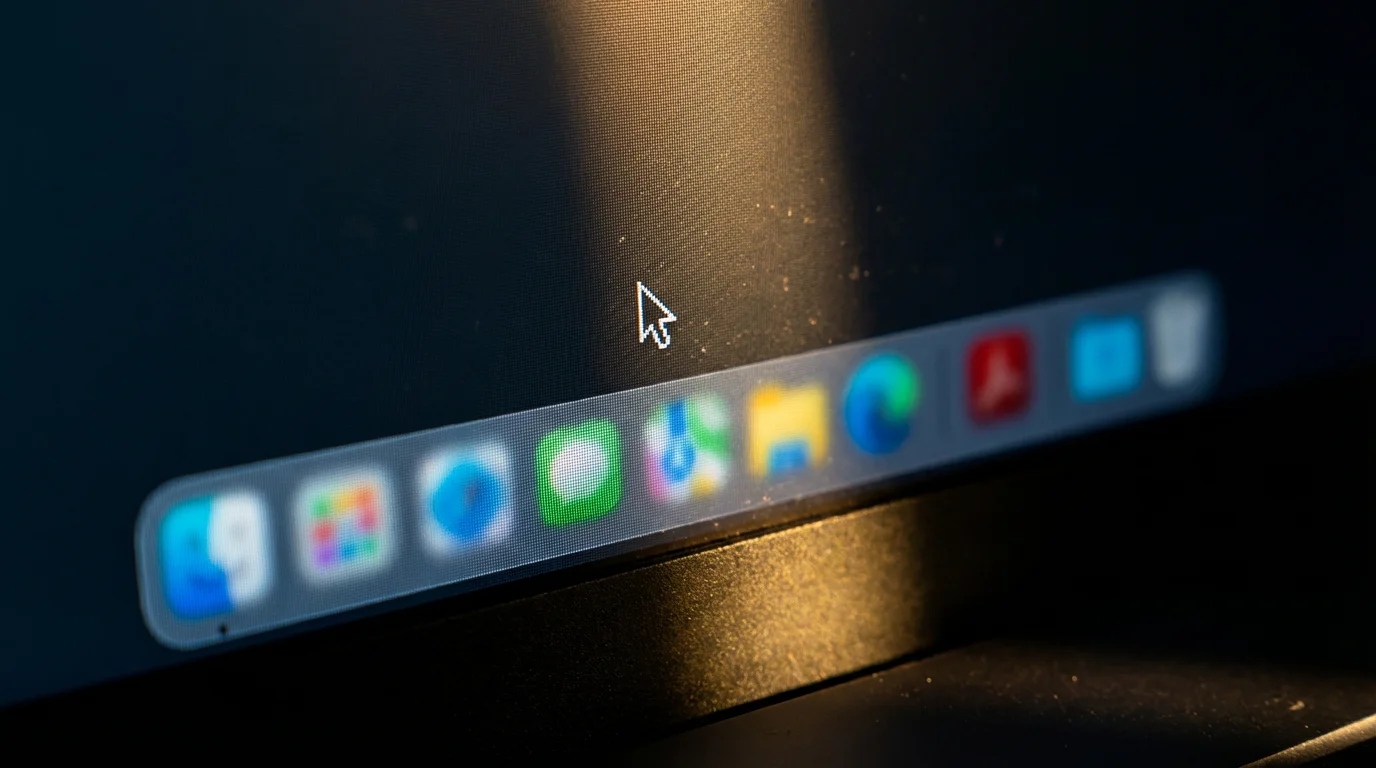 Macro view of mouse cursor over abstract colorful app icons on a dark screen.