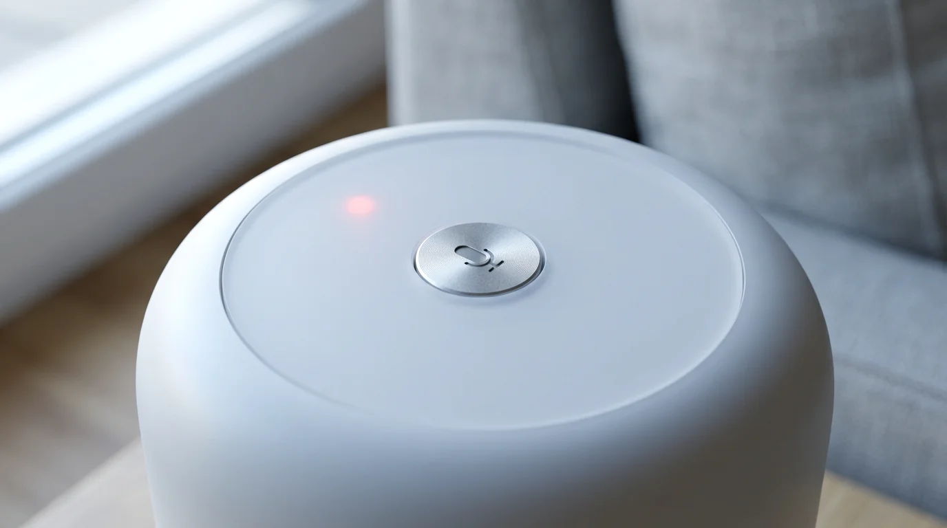 Macro view of smart speaker mute button with red privacy light