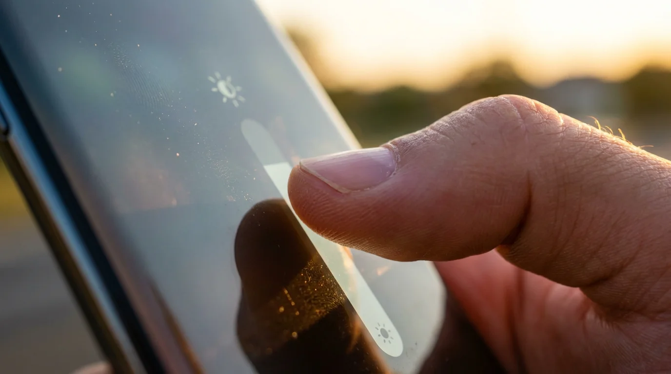 Macro view of thumb adjusting brightness slider on smartphone screen in golden light.