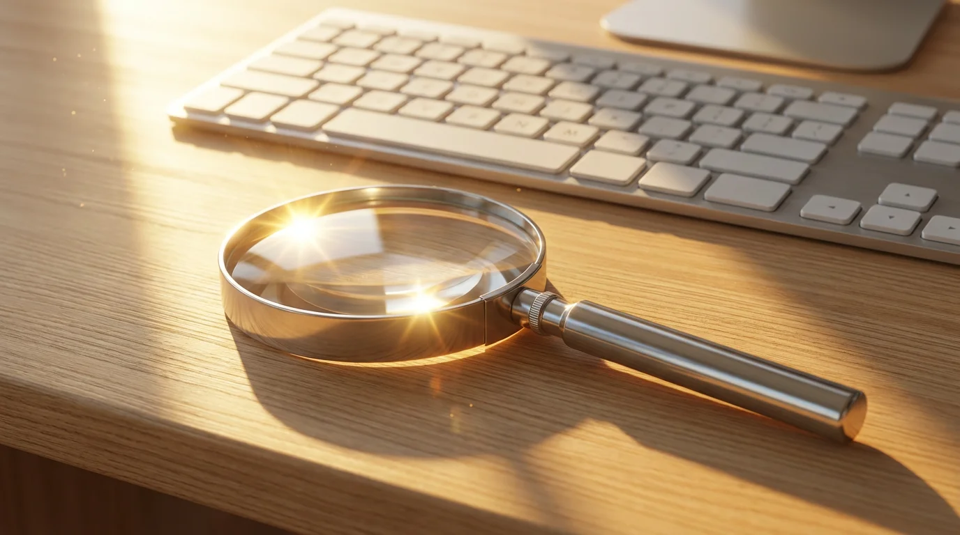 Magnifying glass on a desk next to a keyboard in warm sunlight.
