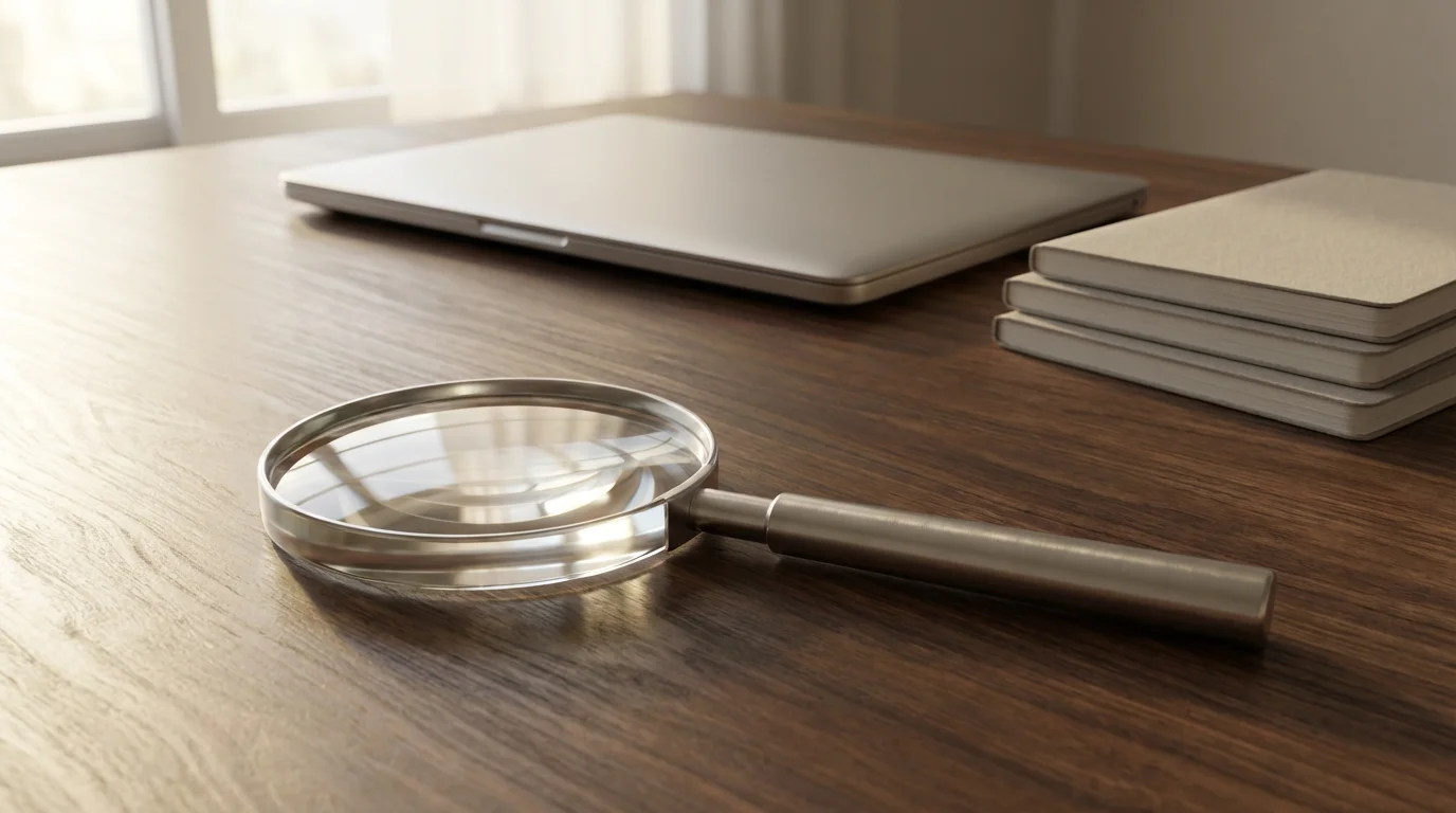 Magnifying glass on a wooden desk representing digital file search functionality.
