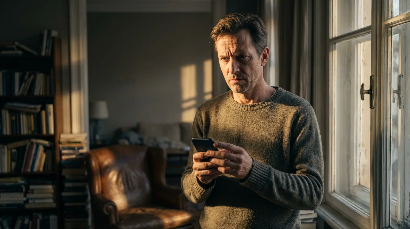 Man looking skeptically at smartphone screen in a shadowy living room.