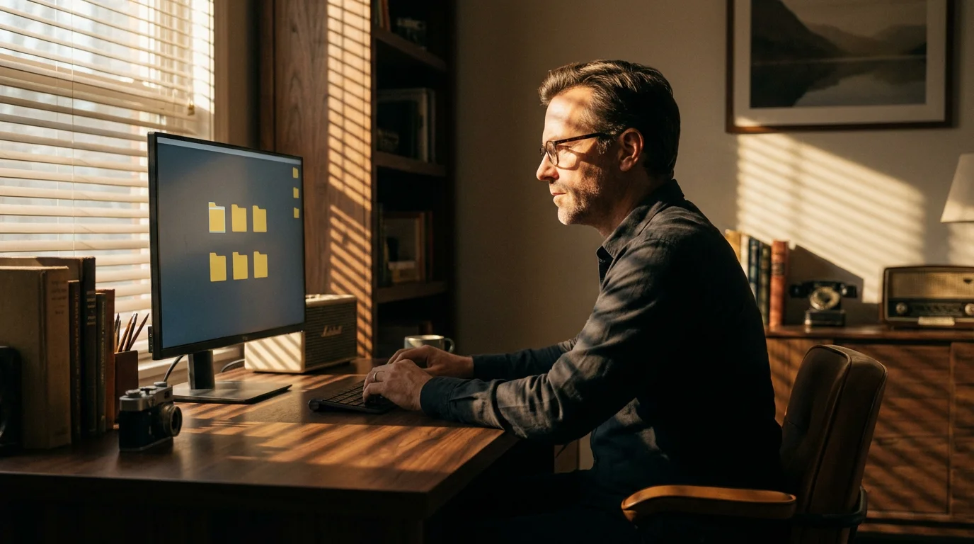Man organizing computer files in a home office with dramatic afternoon lighting.