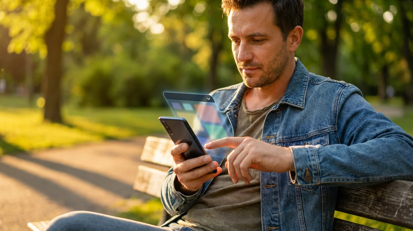 Man sitting on park bench adjusting settings on smartphone during golden hour sunset.