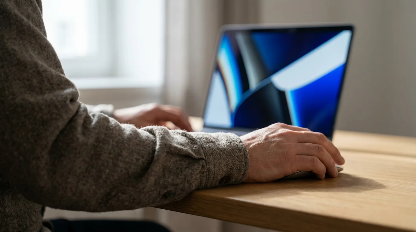 Man using laptop in home office to manage social media privacy settings.
