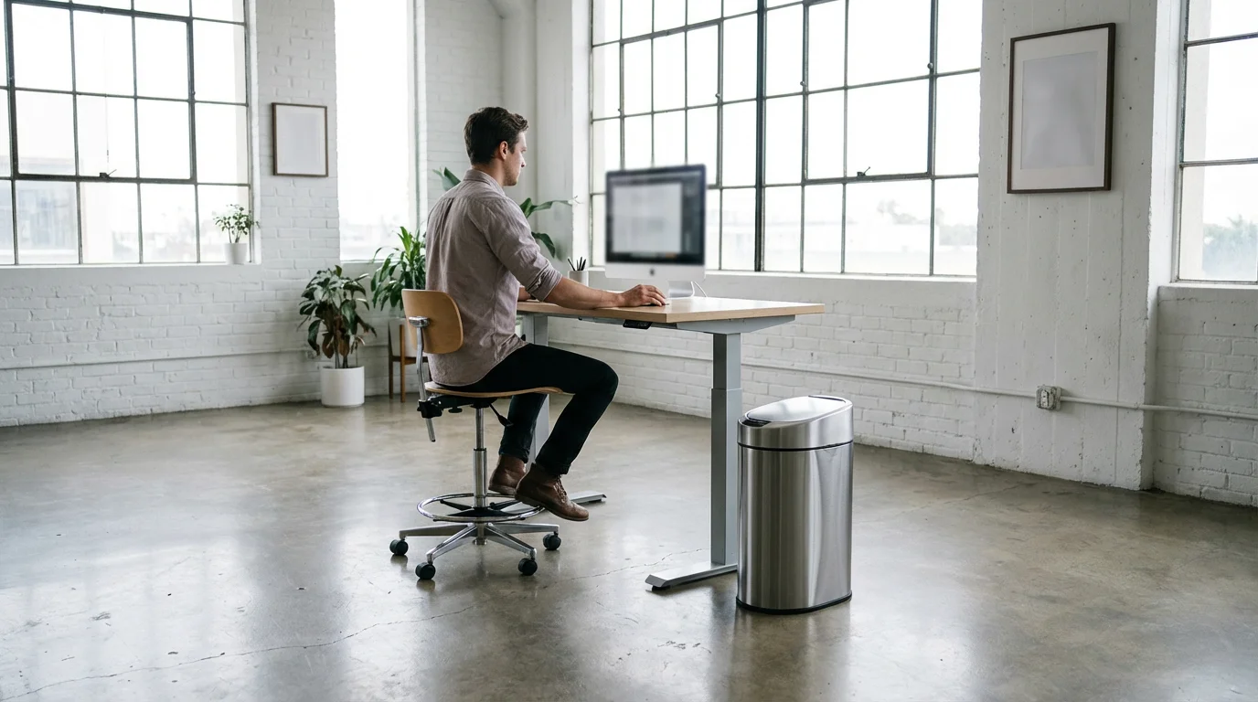 Minimalist office workspace featuring a desk and a wastebasket representing the recycle bin.