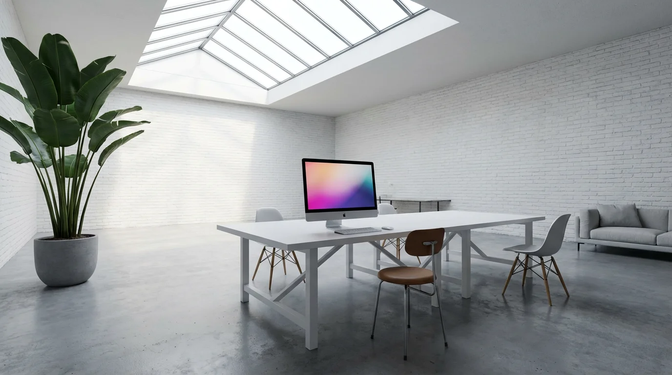 Modern bright studio workspace with a silver desktop computer in soft morning light.