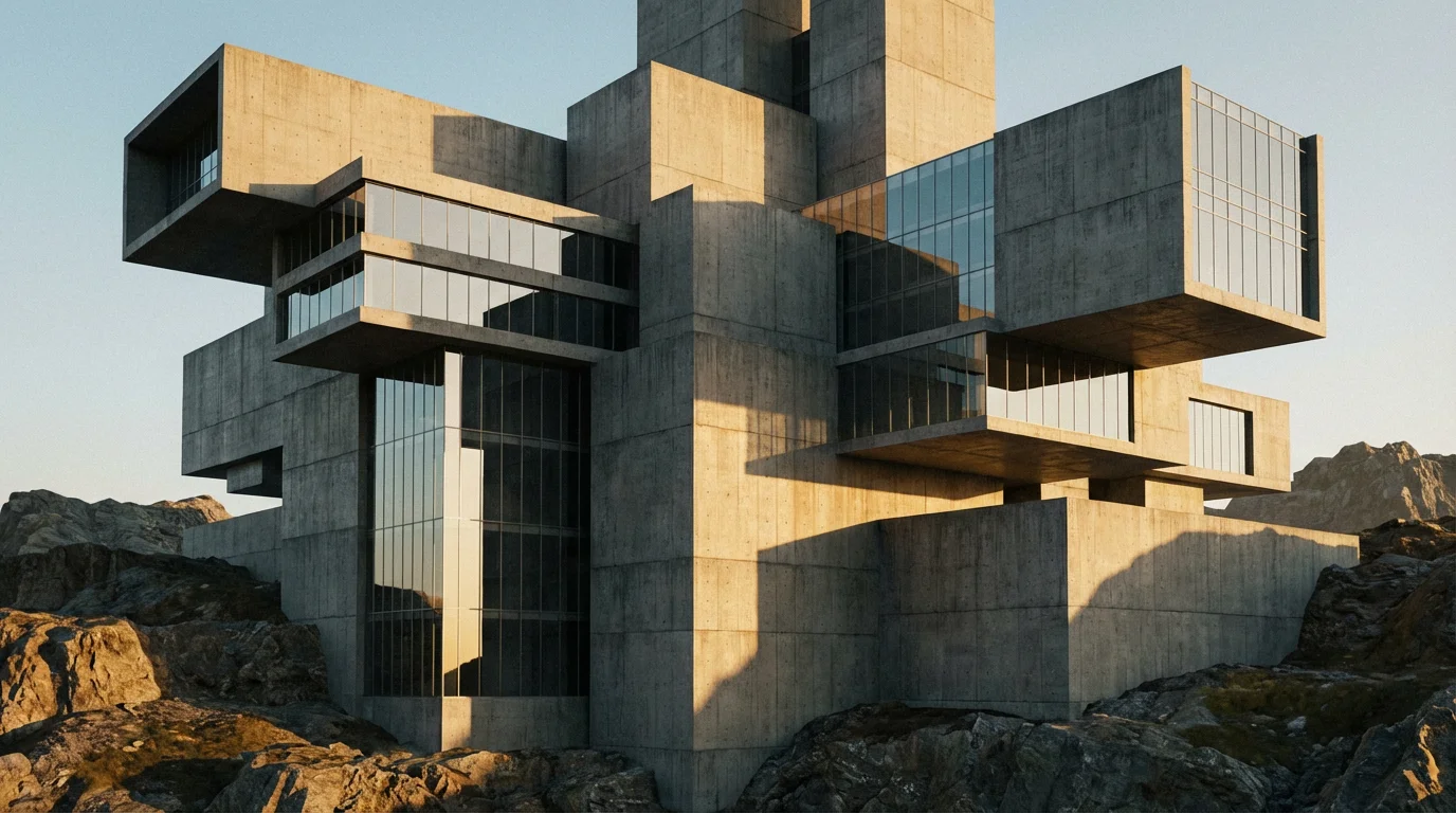 Modern brutalist concrete architecture at sunset symbolizing strong security foundations and structure.