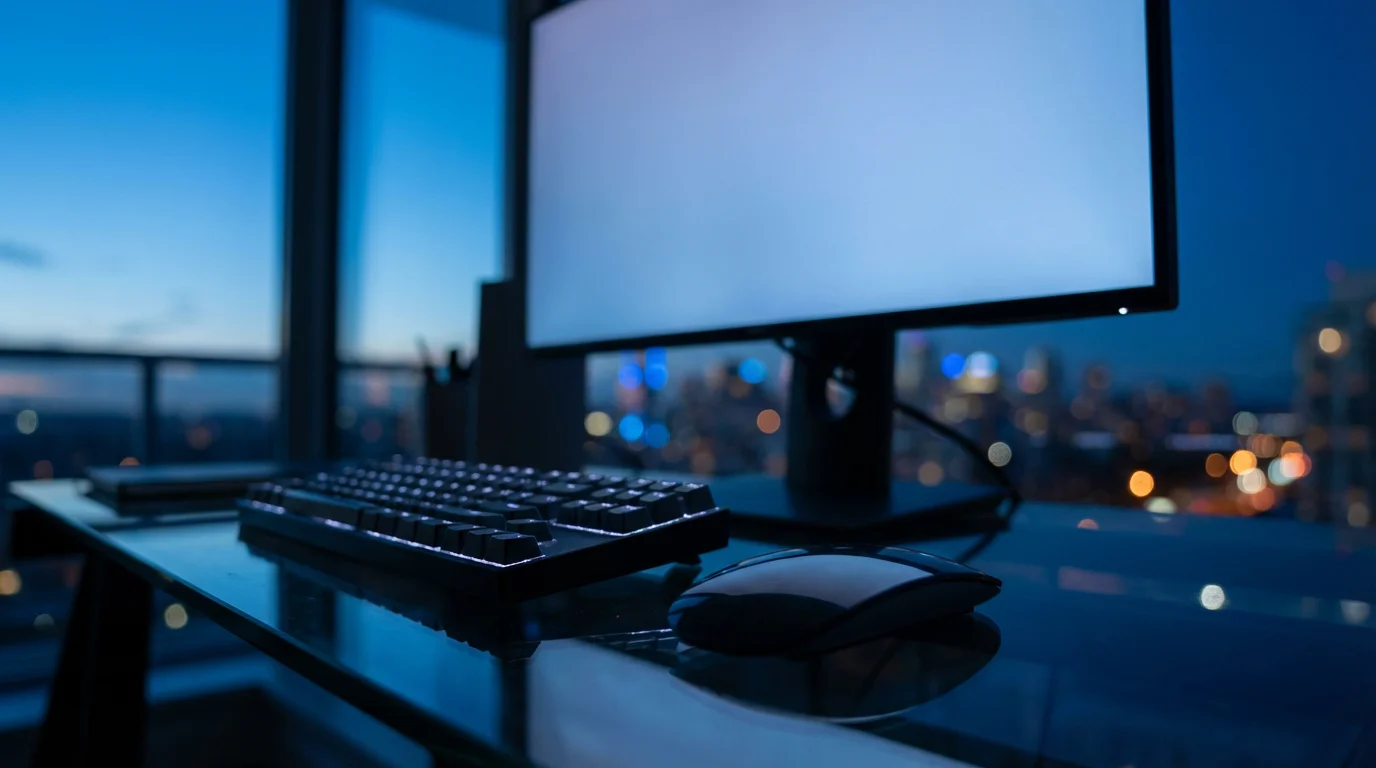 Modern computer desk setup at dusk with blue ambient lighting and wireless peripherals.