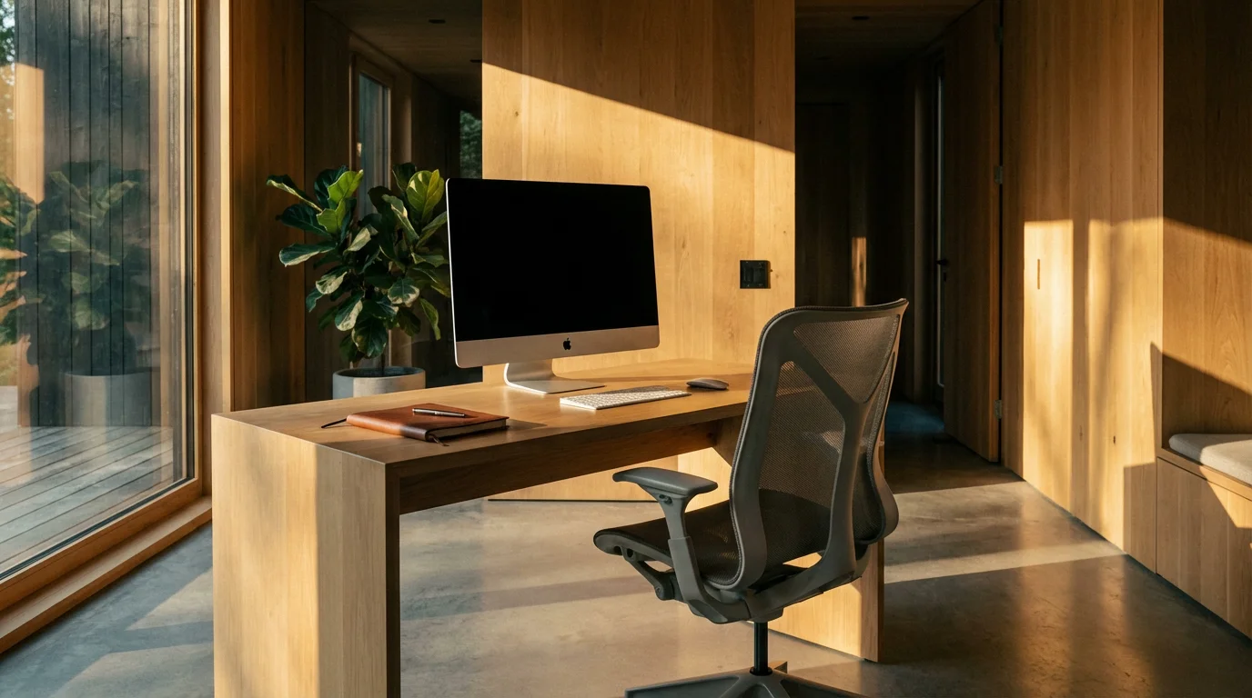 Modern home office desk with computer bathed in moody afternoon sunlight.