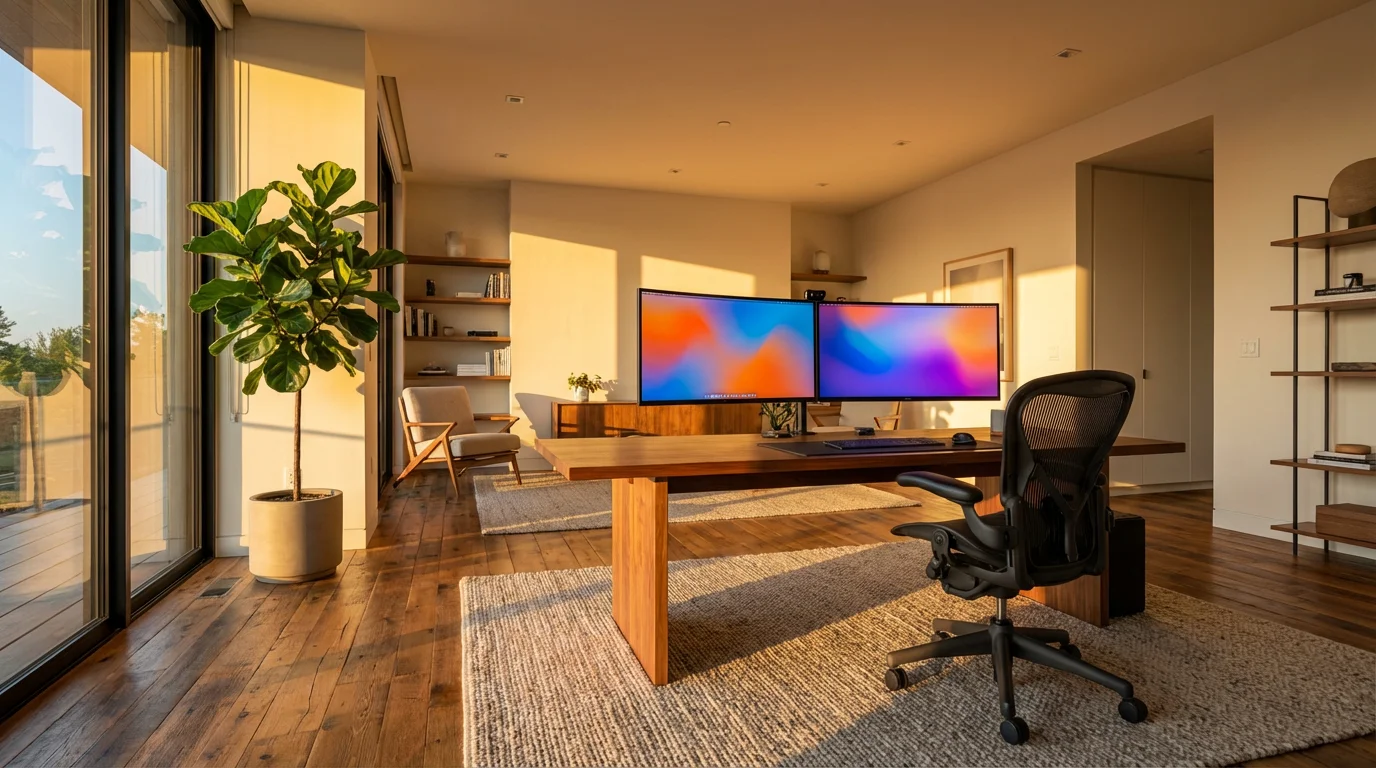 Modern home office desk with dual monitor setup bathed in warm golden hour sunlight