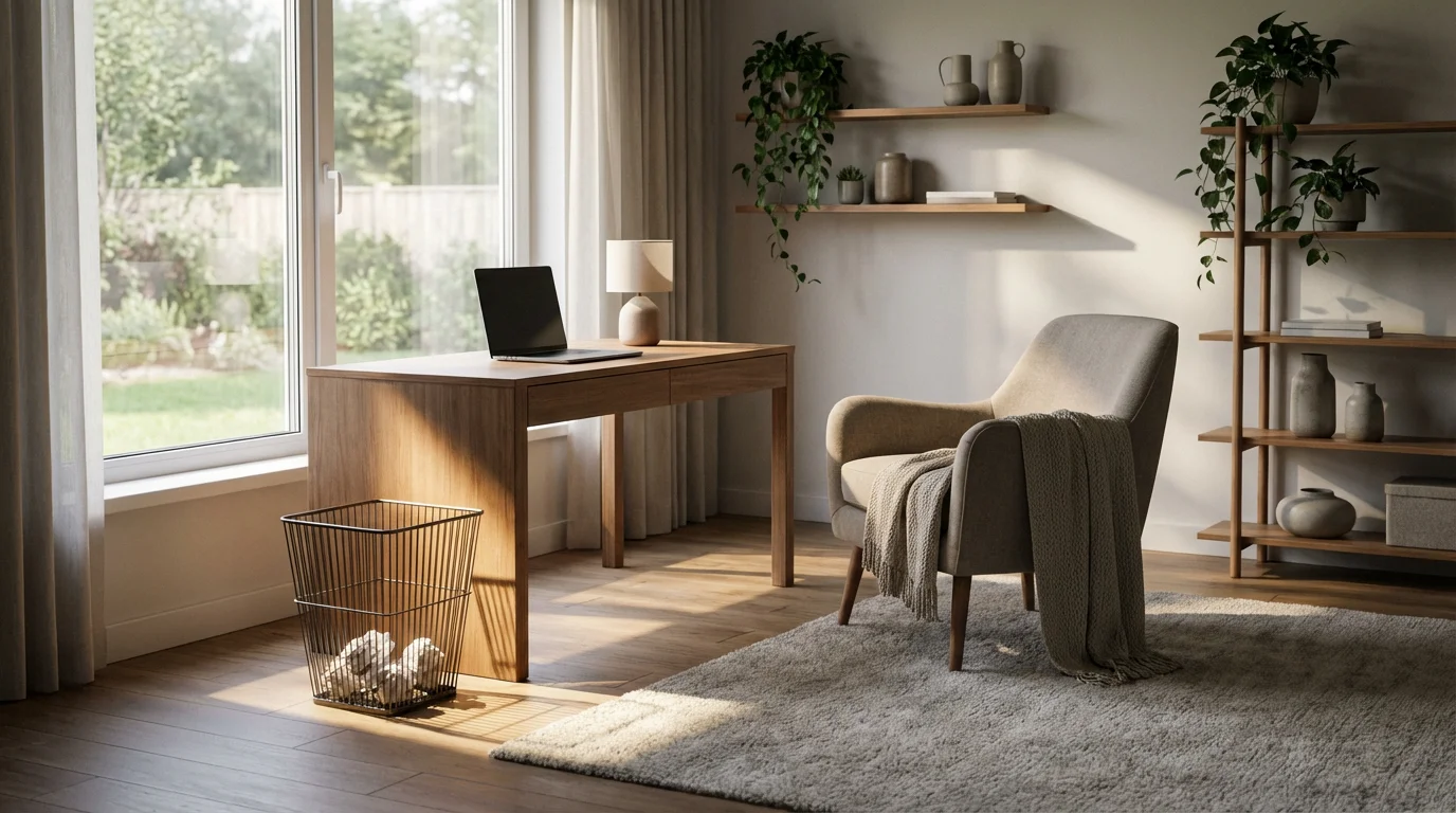 Modern home office with desk and empty wastebasket on floor in soft morning light