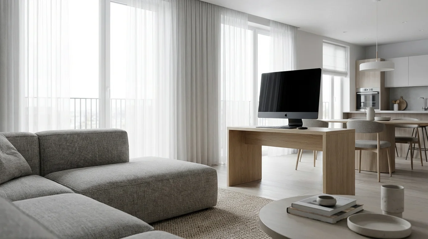 Modern open-plan living room with a home office desk and desktop computer near a window.
