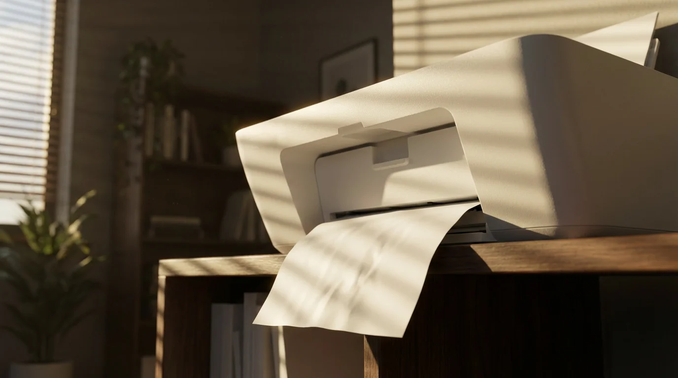 Modern printer sitting idle on a shelf with a stalled paper sheet in moody lighting