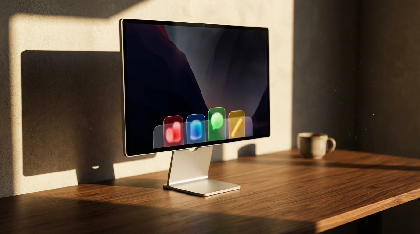 Monitor screen showing abstract app dock icons on a desk with dramatic afternoon shadows.