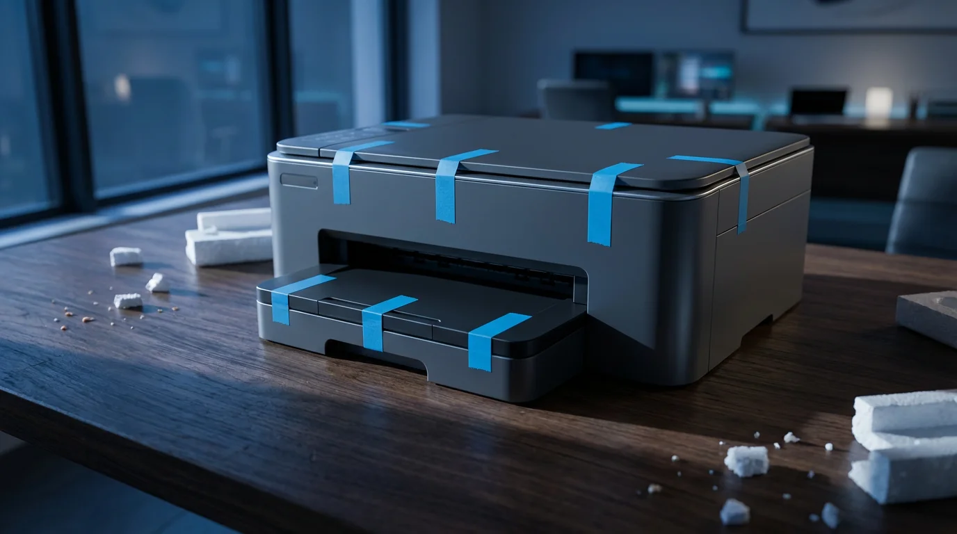 New printer on a desk with blue protective packing tape and styrofoam materials.