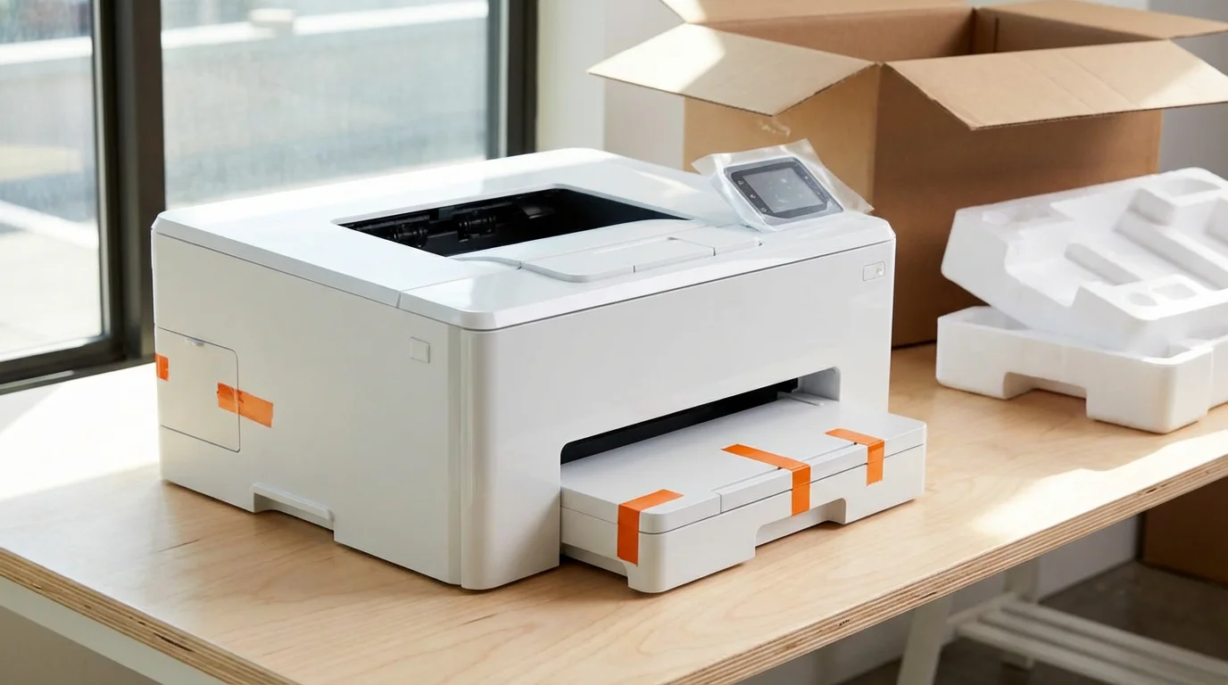 New white printer on desk with orange protective tape and unboxing materials.
